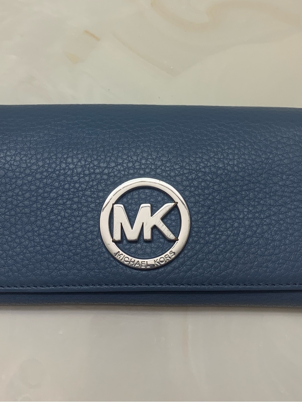 Michael Kors Fulton Pebbled Leather Dusty Blue Wallet with Silver MK Logo